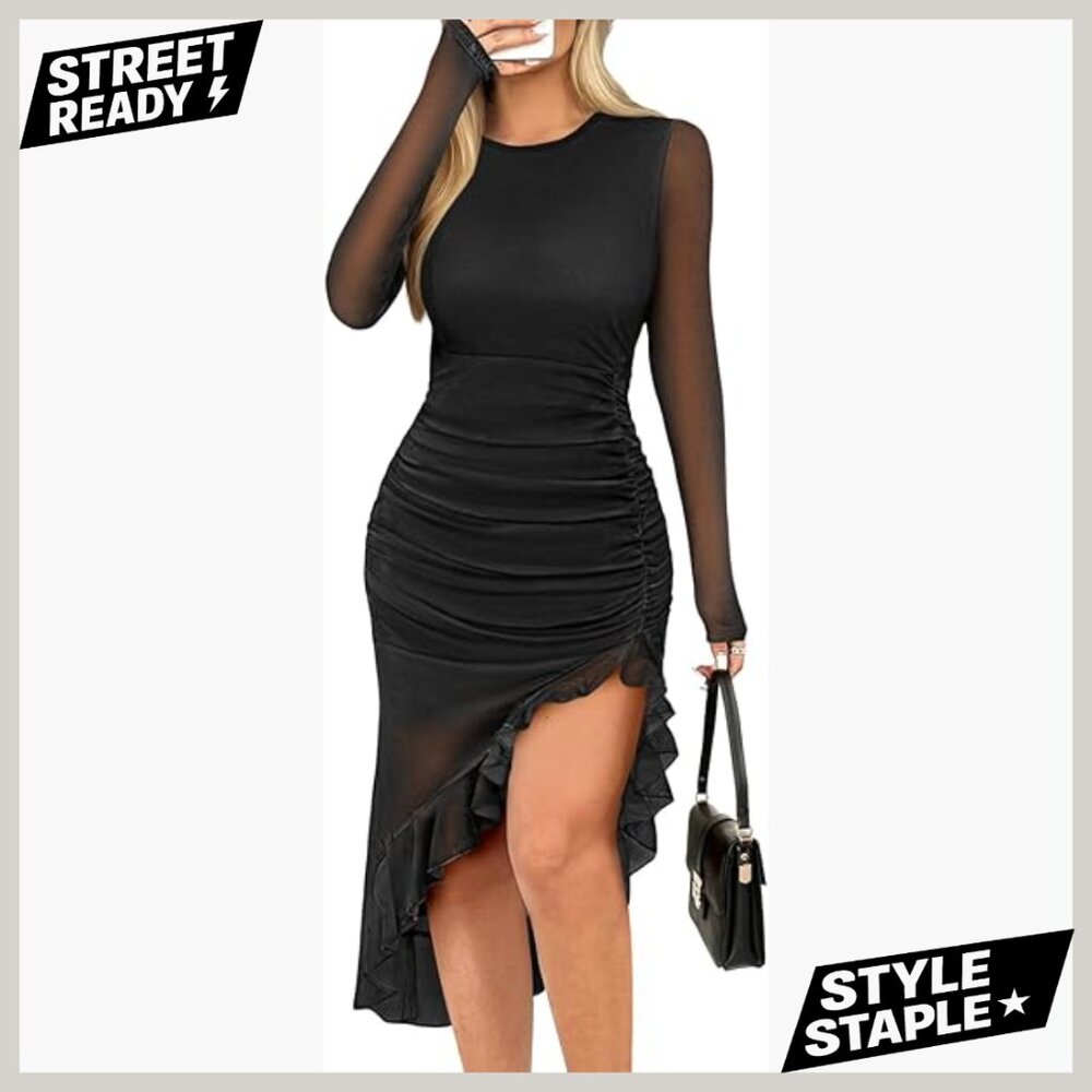 Mesh Bodycon Midi Dress Long Sleeve Asymmetric Hem Ruffle Floral Print